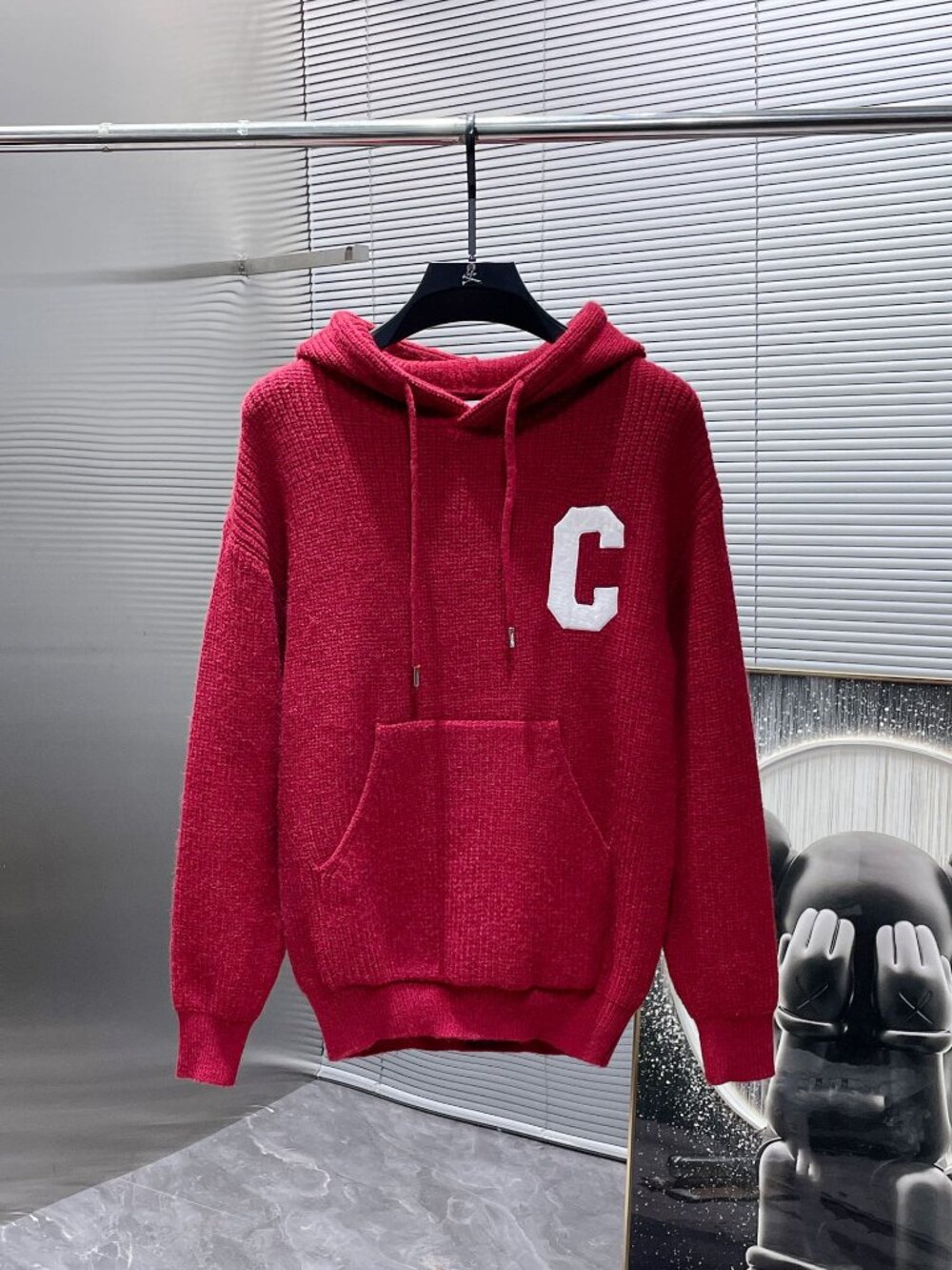 ❤️ Celine Red Knit Hoodie With White C‑Letter Patch